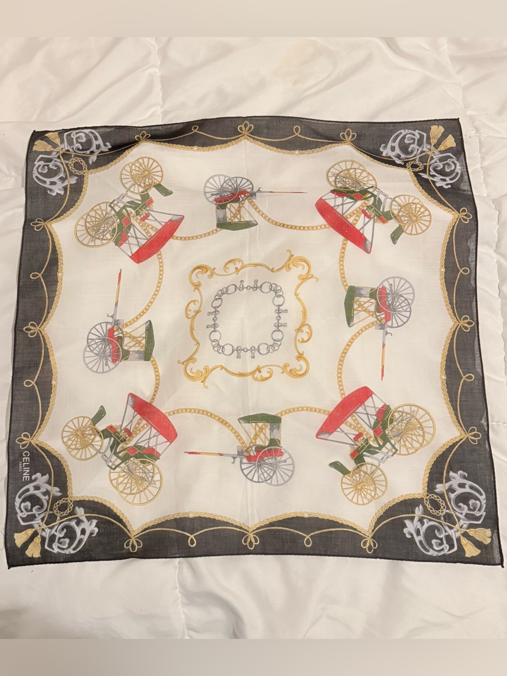 Celine Carriage Vintage Motif Cotton Scarf in Ivory, Black, Red, Green, Gold